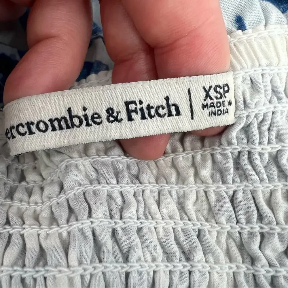 Abercrombie & Fitch smocked bodice midi poplin dress blue white floral toile XSP